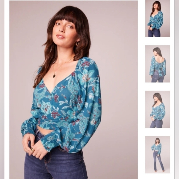 Band of the Free Sybille Deep Teal Floral Wrap Crossover Crop Top Women Medium - Picture 10 of 13